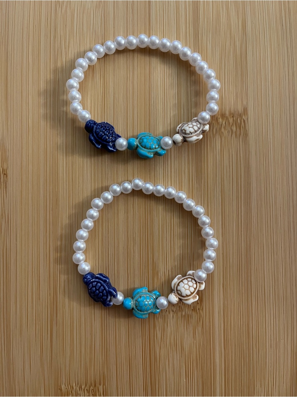 Pearl Beaded Turtle Stretch Bracelets - Blue, Turquoise, Cream